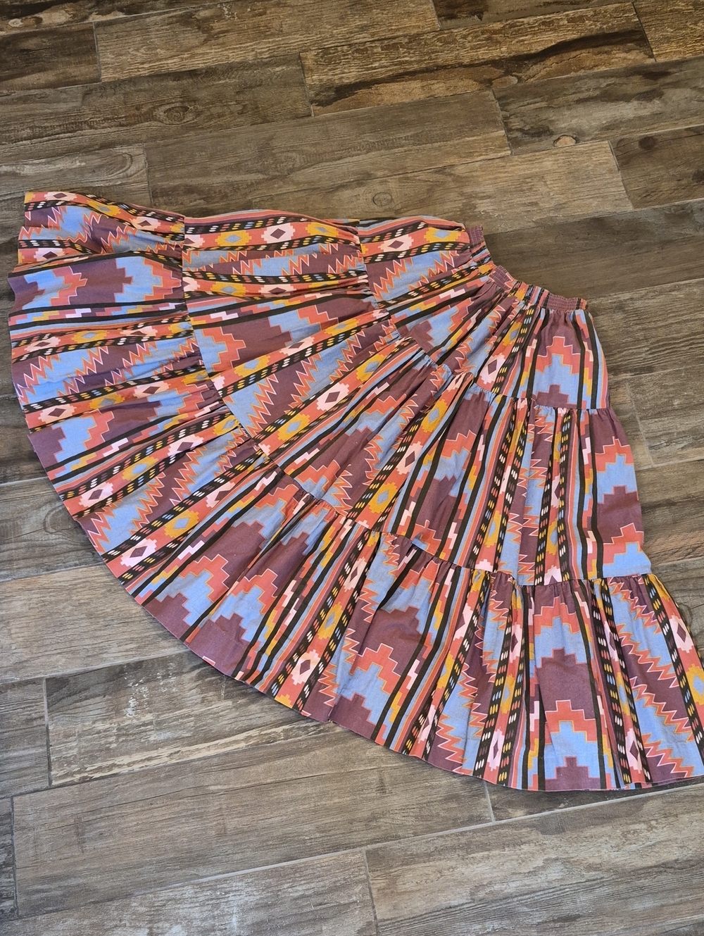XXS-M Vtg Rockmount Ranch Wear Aztec Print Tiered Elastic Waist Midi Skirt - Picture 8 of 15